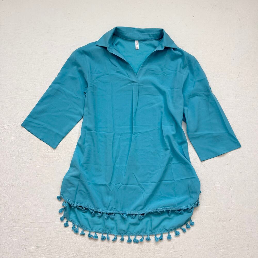Yincro Turquoise Tassel Hem Beach Cover Up Mini Dress Tunic Blouse M